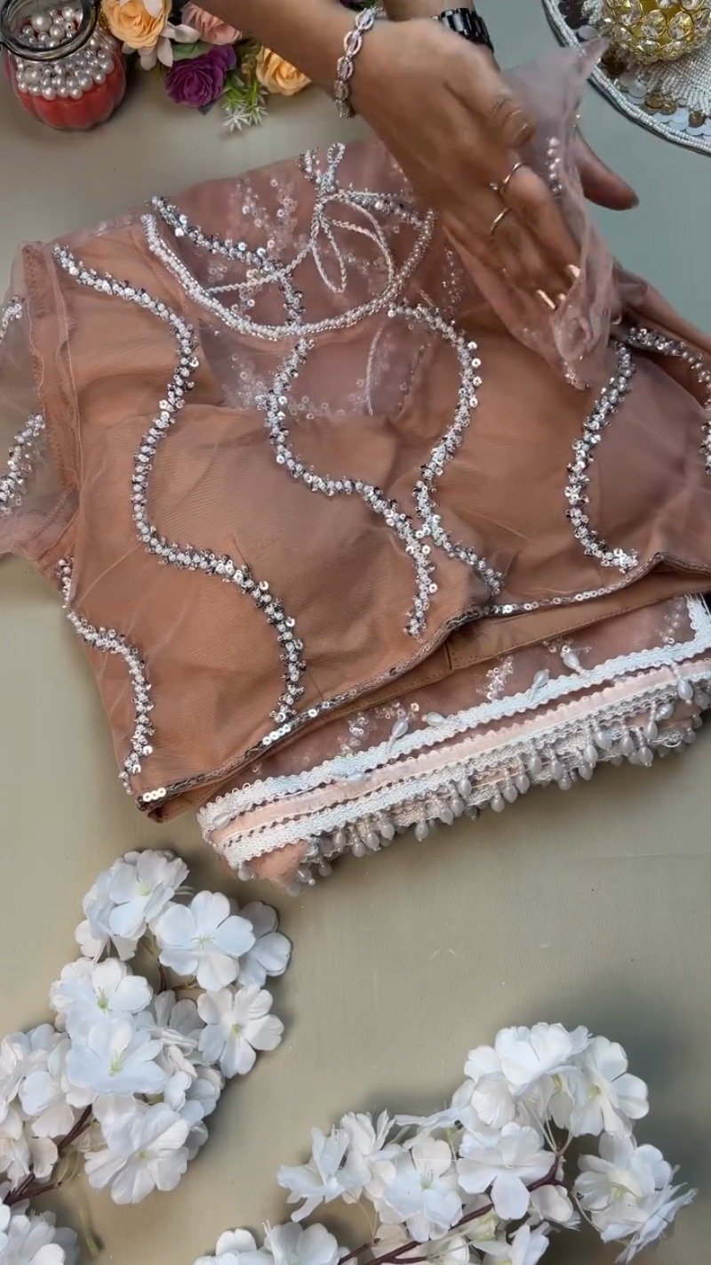 Peach Organza Sequinned Saree with Pearl-Detailed Scallop Border - Image 2