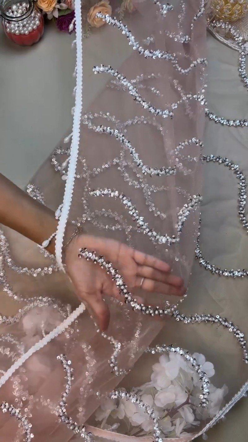 Peach Organza Sequinned Saree with Pearl-Detailed Scallop Border - Image 5