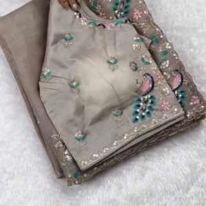 Morpankh Morni Embroidered Tissue Silk Saree Set – Grey Sophistication