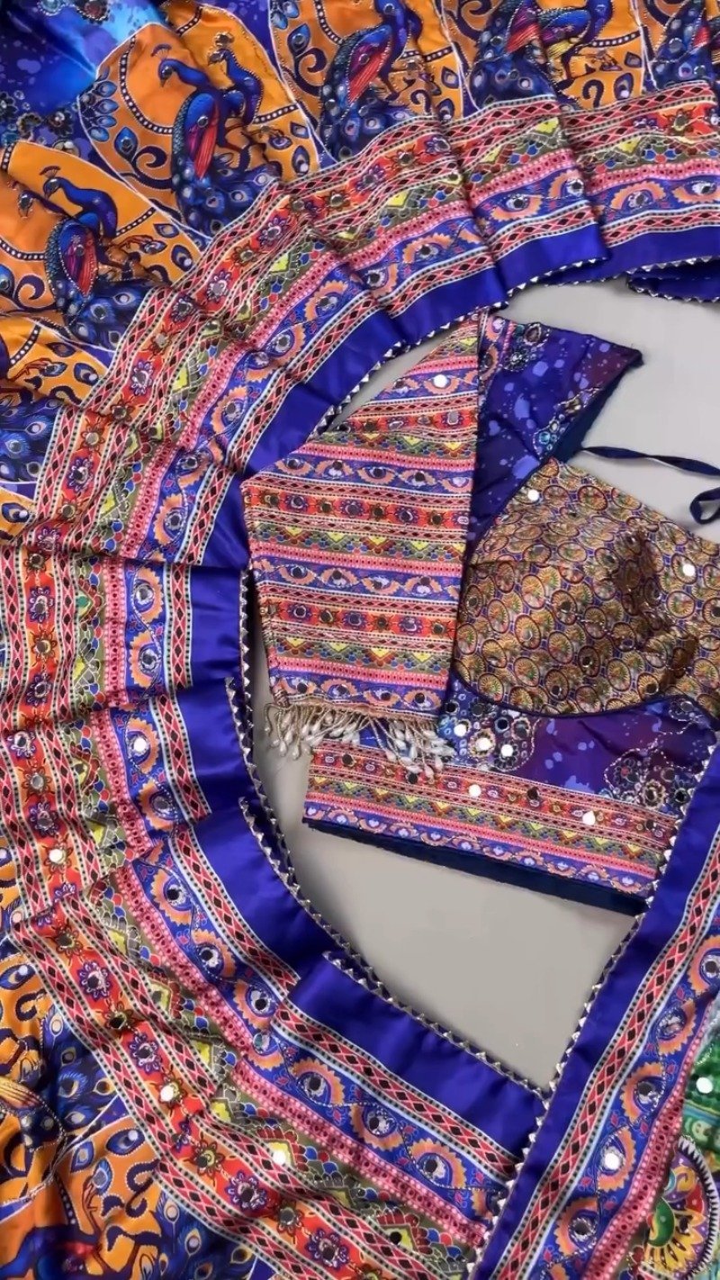 Vibrant Peacock Motif Printed Lehenga Choli Set with Mirror Work – Available in Vibrant Multicolour & Royal Blue