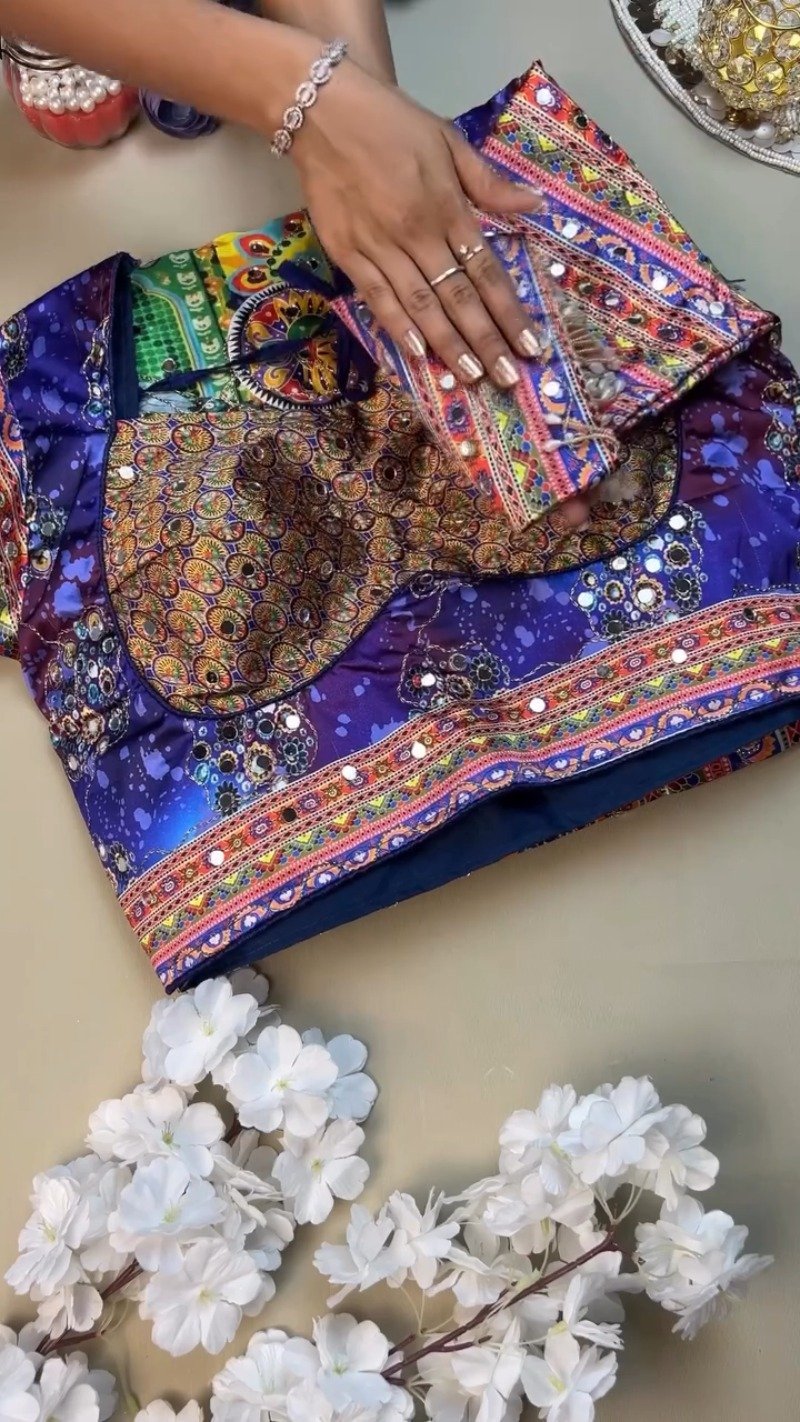 Vibrant Peacock Motif Printed Lehenga Choli Set with Mirror Work – Available in Vibrant Multicolour & Royal Blue - Image 3