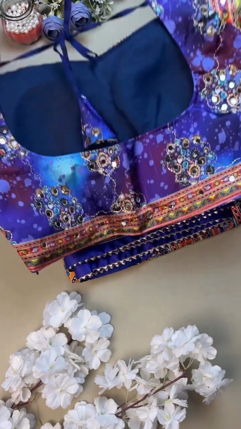 Vibrant Peacock Motif Printed Lehenga Choli Set with Mirror Work – Available in Vibrant Multicolour & Royal Blue - Image 4