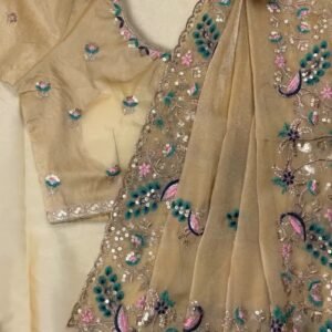 Opulent Peacock-Motif Embroidered Saree Set with Contrast Sequin Detailing – Available in Champagne, Moss Green, Mauve, and Dusty Peach