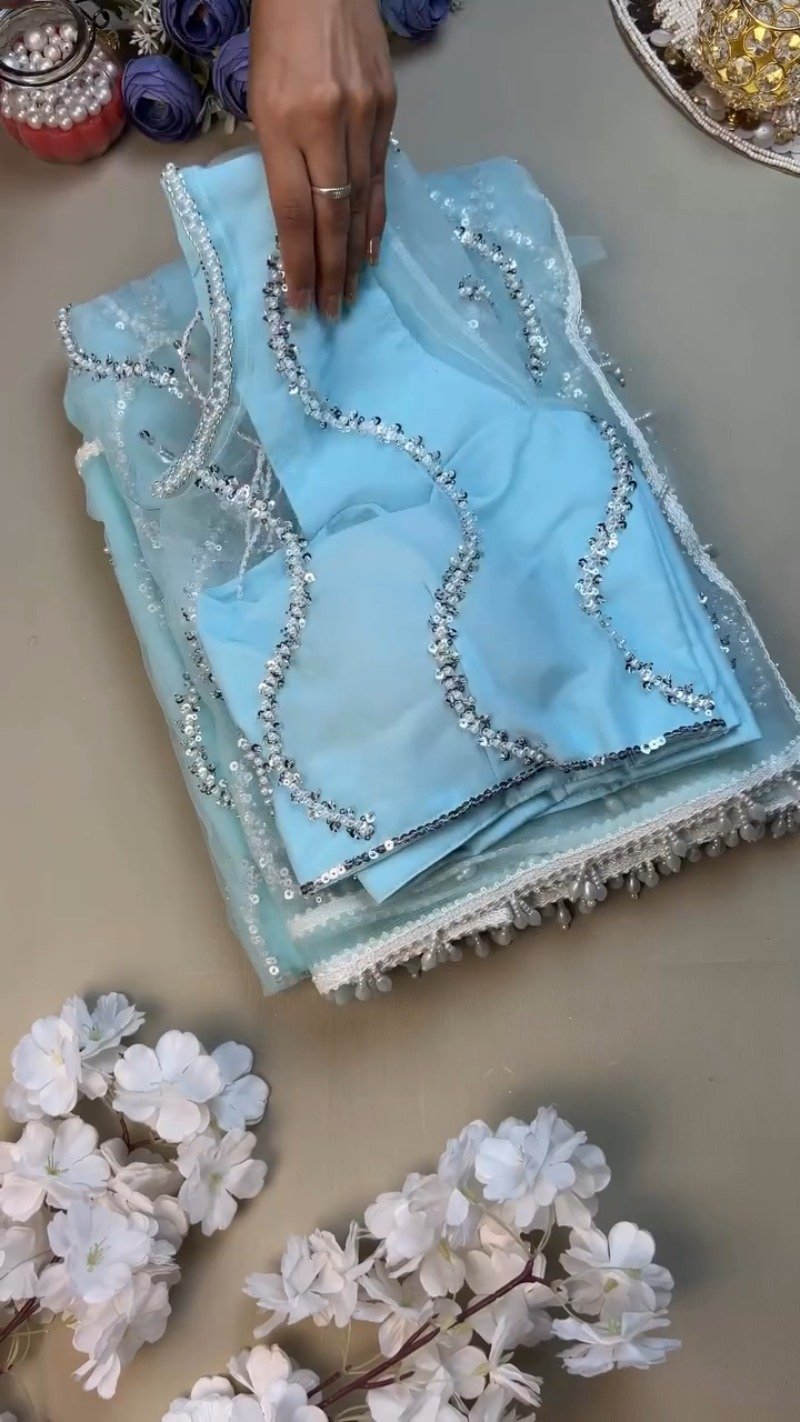 Ethereal Sky Blue Sequin-Embellished Organza Saree Set with Pearl Trims - Image 2