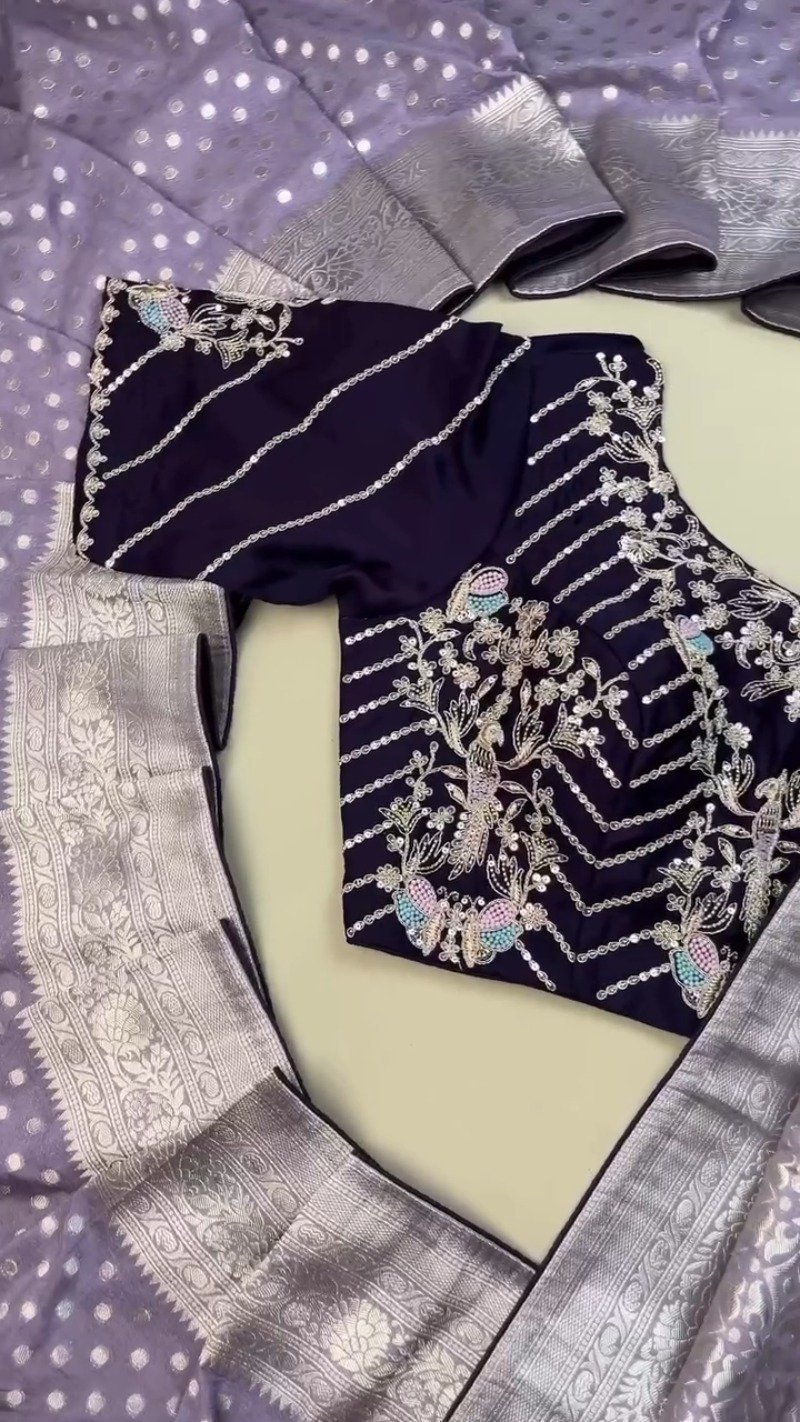 Opulent Lilac & Midnight Blue Handcrafted Silk Saree Set – Available in Lilac & Midnight Blue