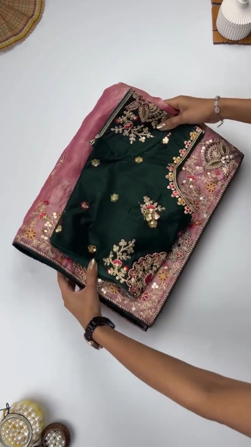 Opulent Sequinned Organza Saree Set with Hand-Embroidered Blouse – Available in Dusty Rose & Regal Burgundy