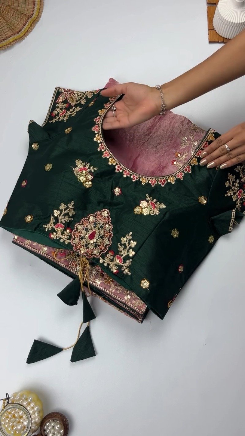 Opulent Sequinned Organza Saree Set with Hand-Embroidered Blouse – Available in Dusty Rose & Regal Burgundy - Image 2