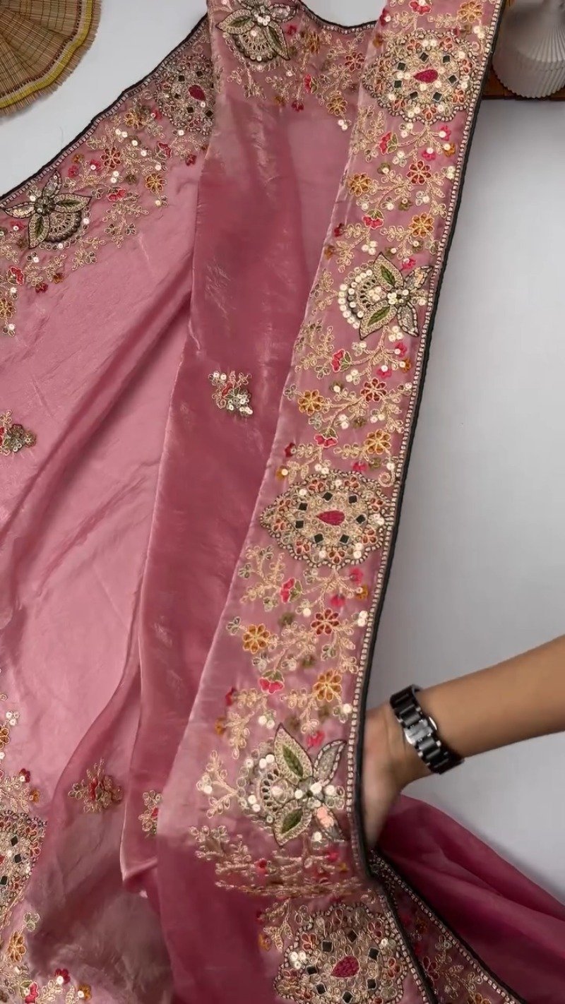 Opulent Sequinned Organza Saree Set with Hand-Embroidered Blouse – Available in Dusty Rose & Regal Burgundy - Image 4