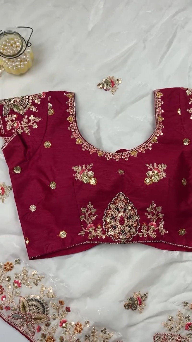 Opulent Sequinned Organza Saree Set with Hand-Embroidered Blouse – Available in Dusty Rose & Regal Burgundy - Image 6