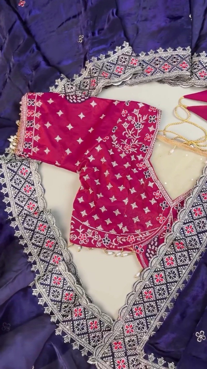 Royal Indigo & Magenta Peacock-Motif Hand-Embroidered Saree Set