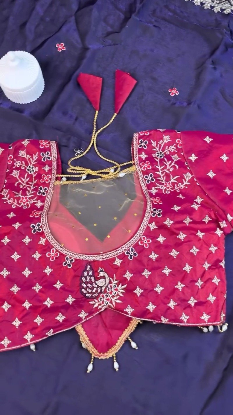 Royal Indigo & Magenta Peacock-Motif Hand-Embroidered Saree Set - Image 5