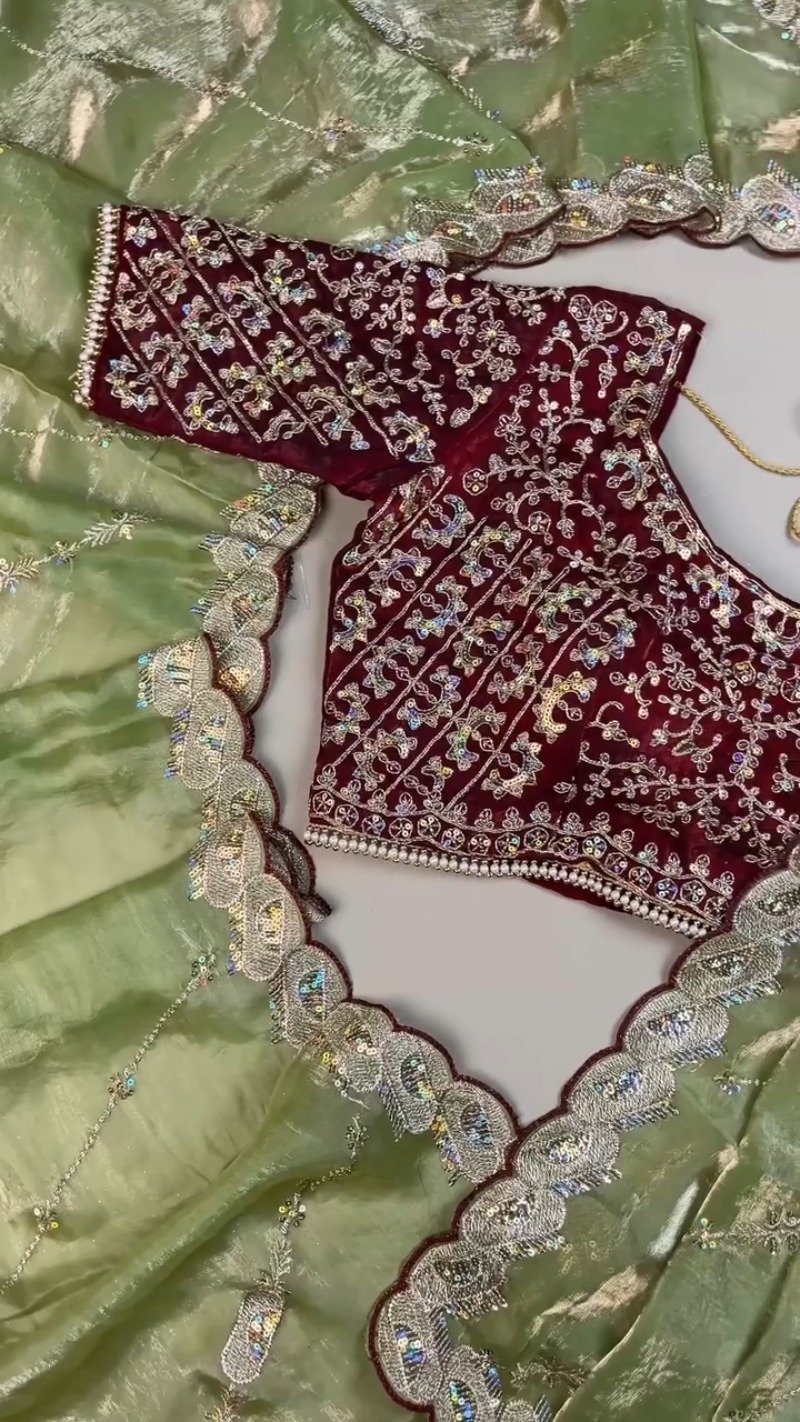 Sage Green and Maroon Contrast Embroidered Saree Set – Available in Sage Green & Maroon