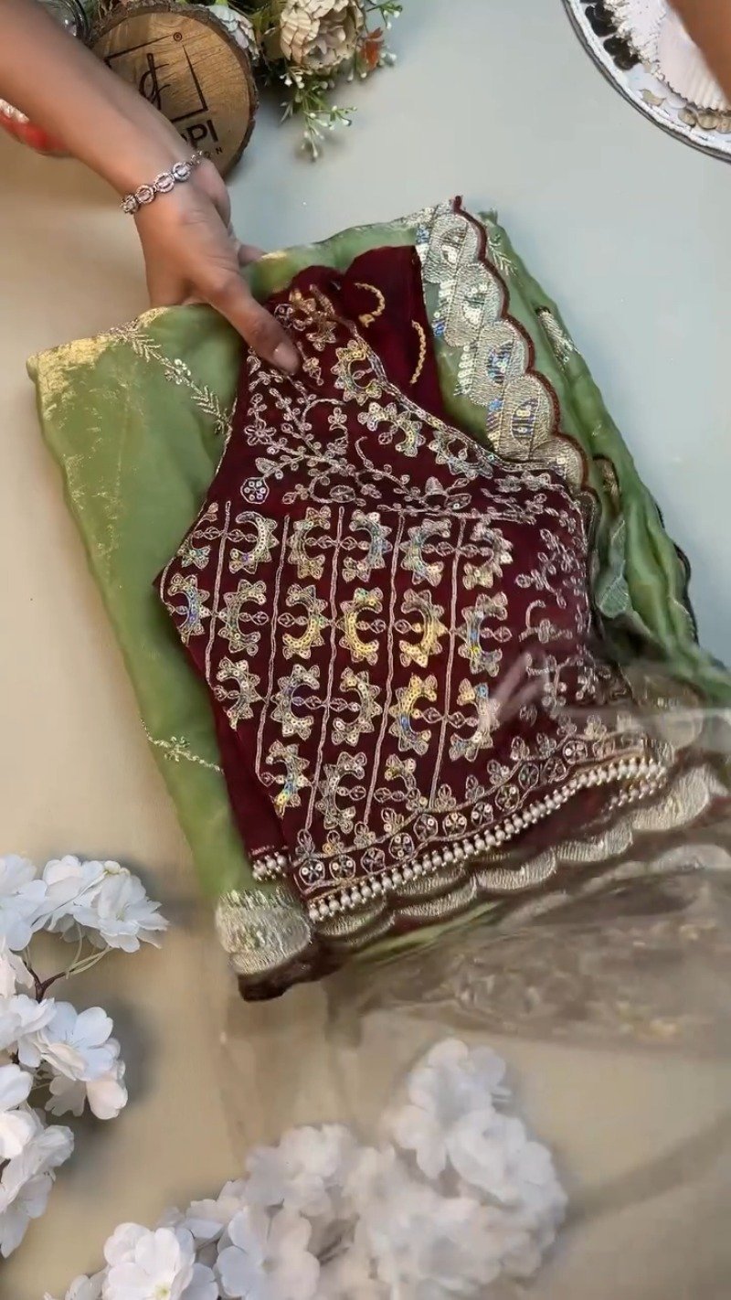 Sage Green and Maroon Contrast Embroidered Saree Set – Available in Sage Green & Maroon - Image 2