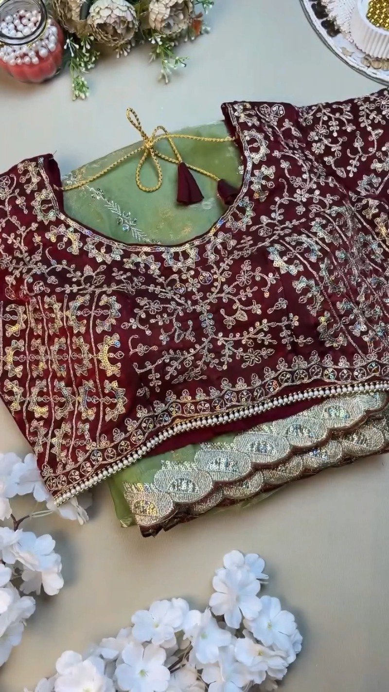 Sage Green and Maroon Contrast Embroidered Saree Set – Available in Sage Green & Maroon - Image 3