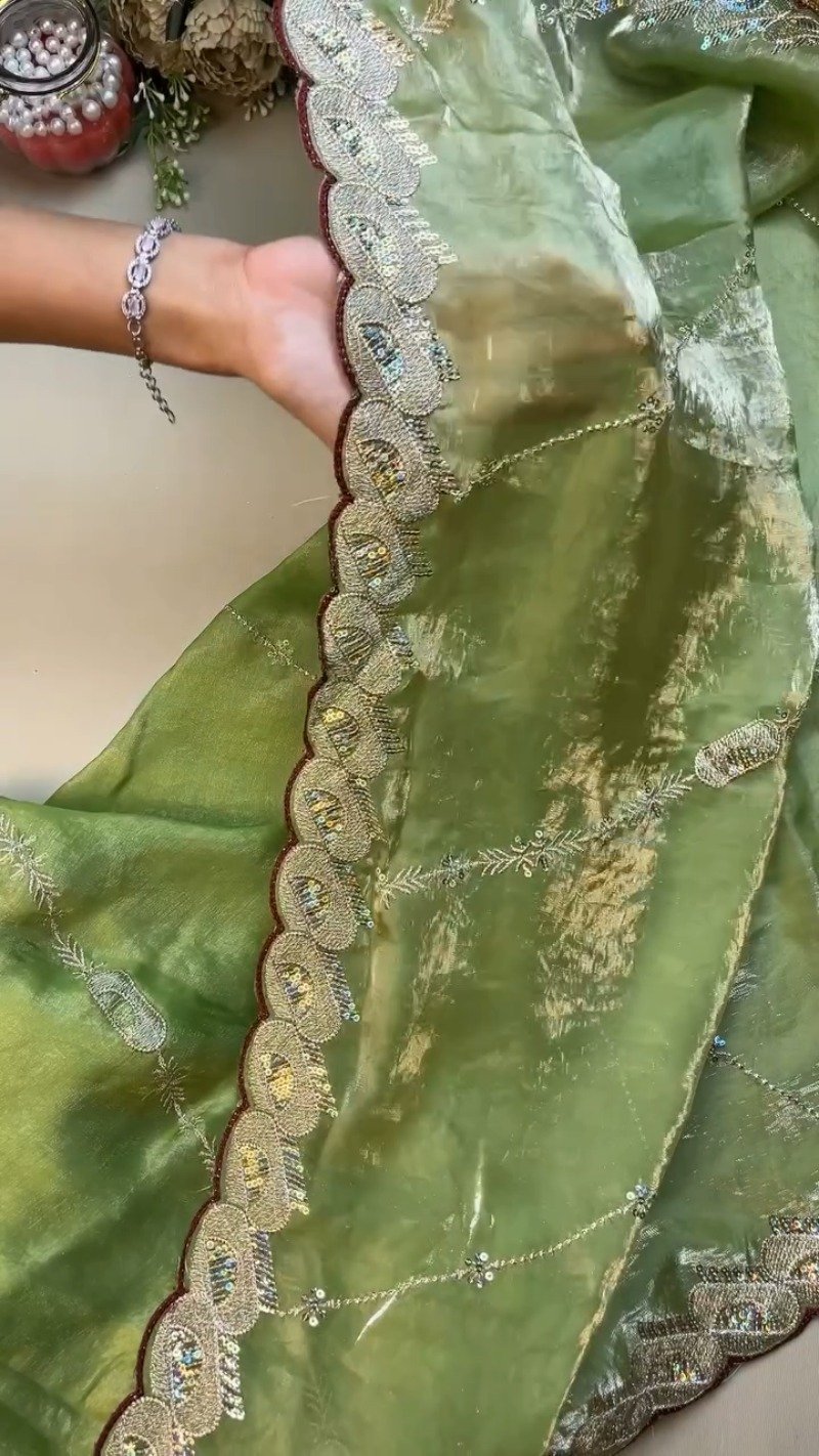 Sage Green and Maroon Contrast Embroidered Saree Set – Available in Sage Green & Maroon - Image 4