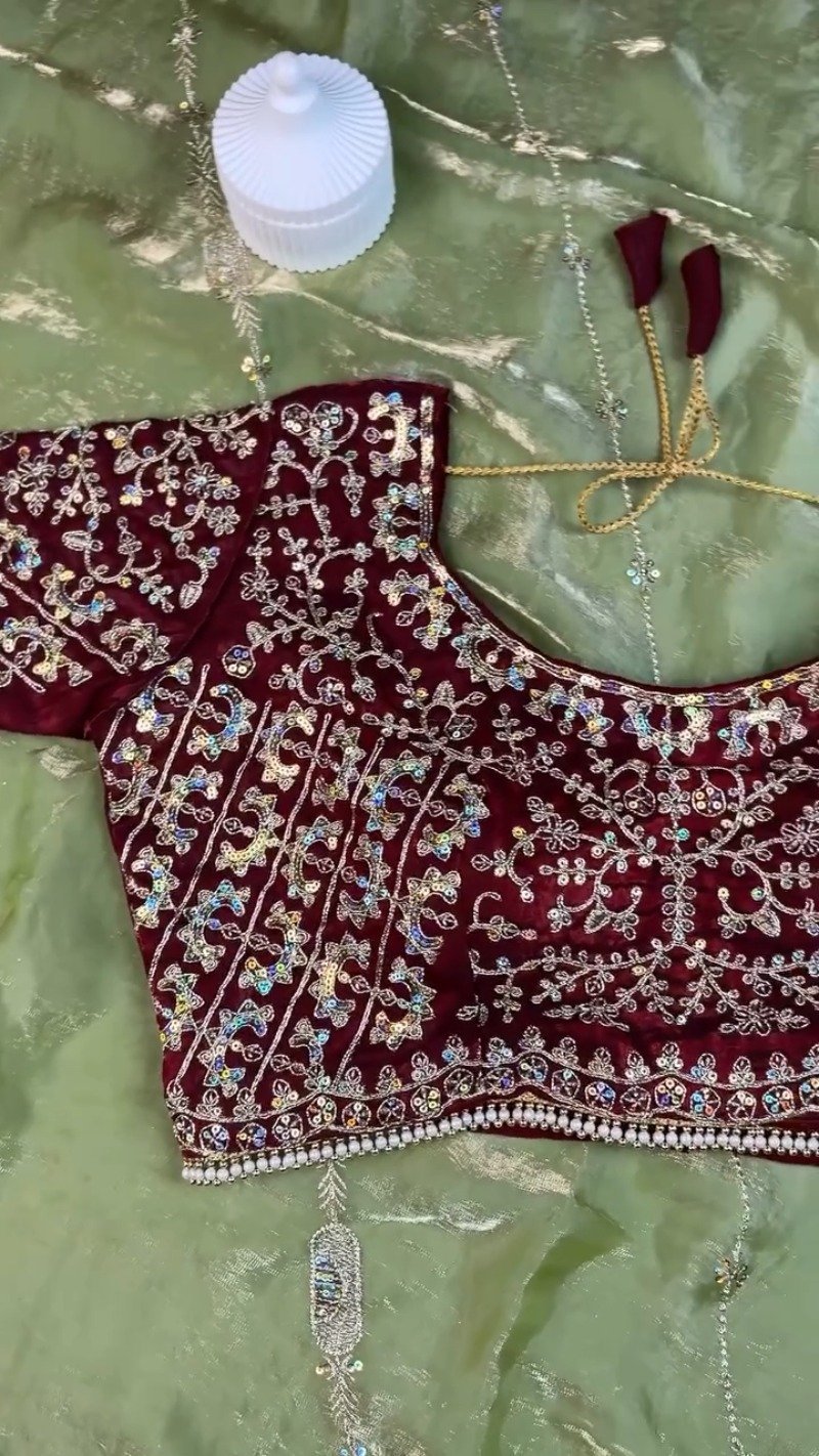Sage Green and Maroon Contrast Embroidered Saree Set – Available in Sage Green & Maroon - Image 6