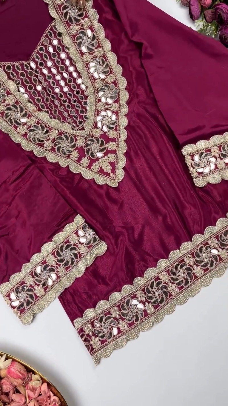 Royal Maroon Mirror-Work Kurta Set with Designer Dupatta