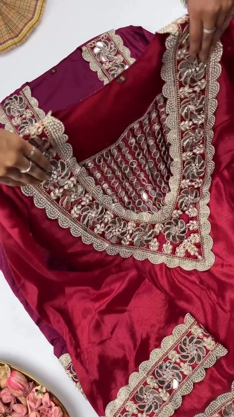 Royal Maroon Mirror-Work Kurta Set with Designer Dupatta - Image 2