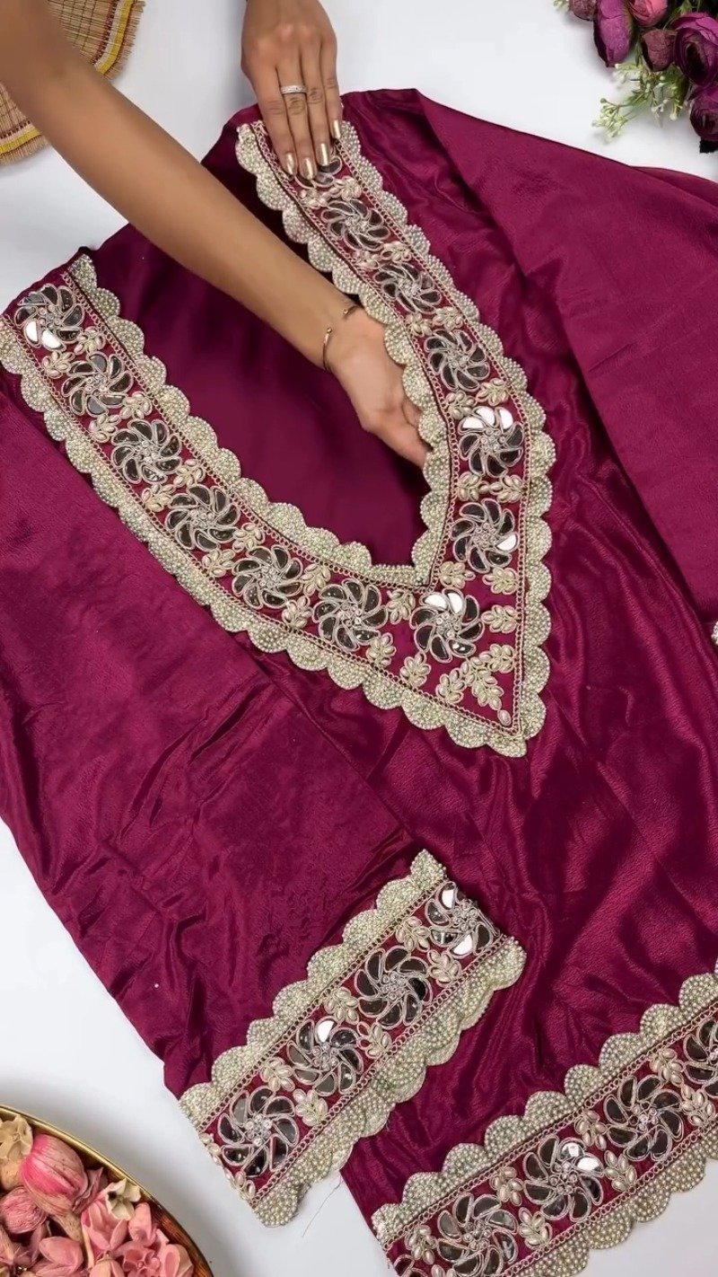 Royal Maroon Mirror-Work Kurta Set with Designer Dupatta - Image 3