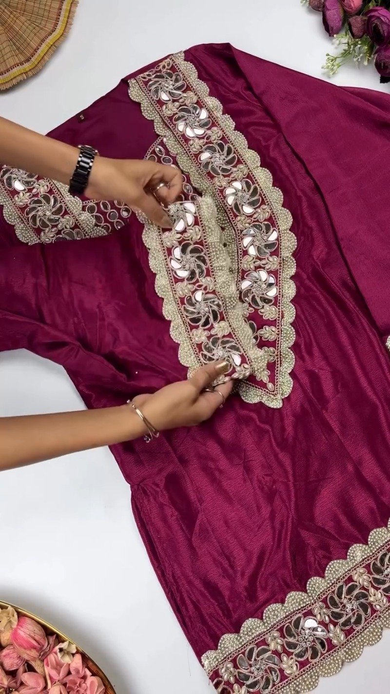 Royal Maroon Mirror-Work Kurta Set with Designer Dupatta - Image 4