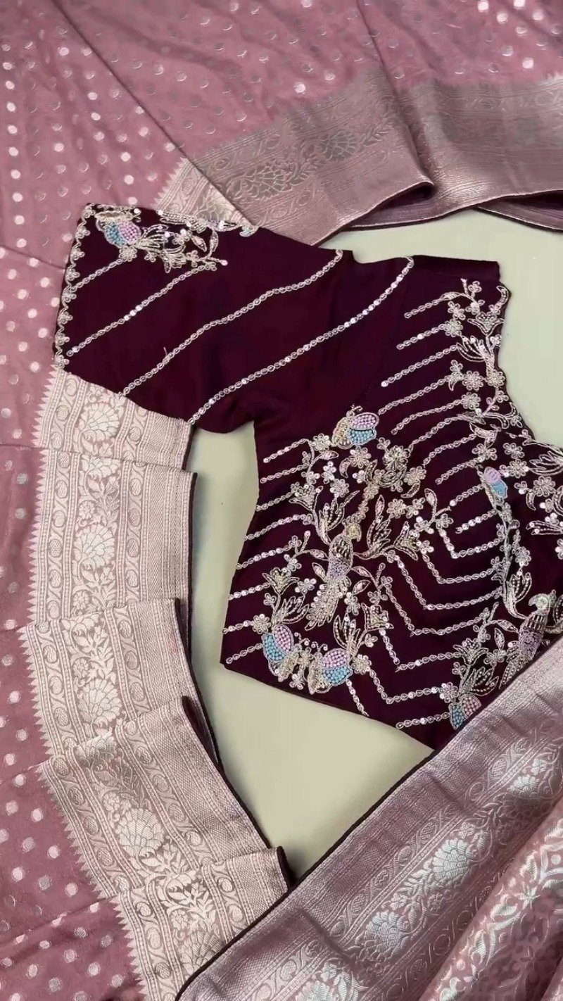 Regal Plum Zari-Woven Banarasi Saree with Hand-Embroidered Sequin Blouse