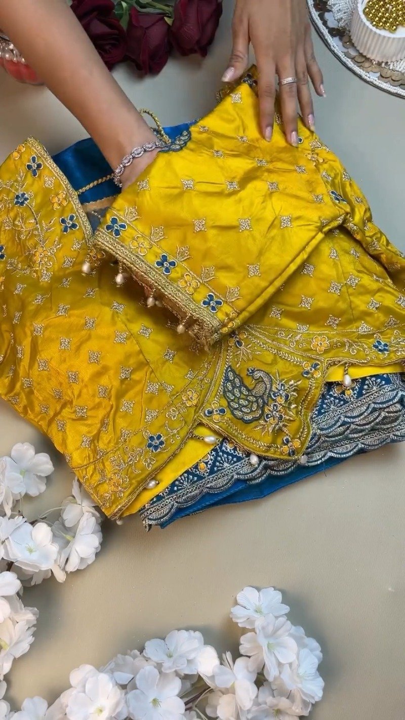 Royal Peacock Embroidered Silk Saree and Blouse Set – Available in Vibrant Yellow & Deep Blue - Image 2