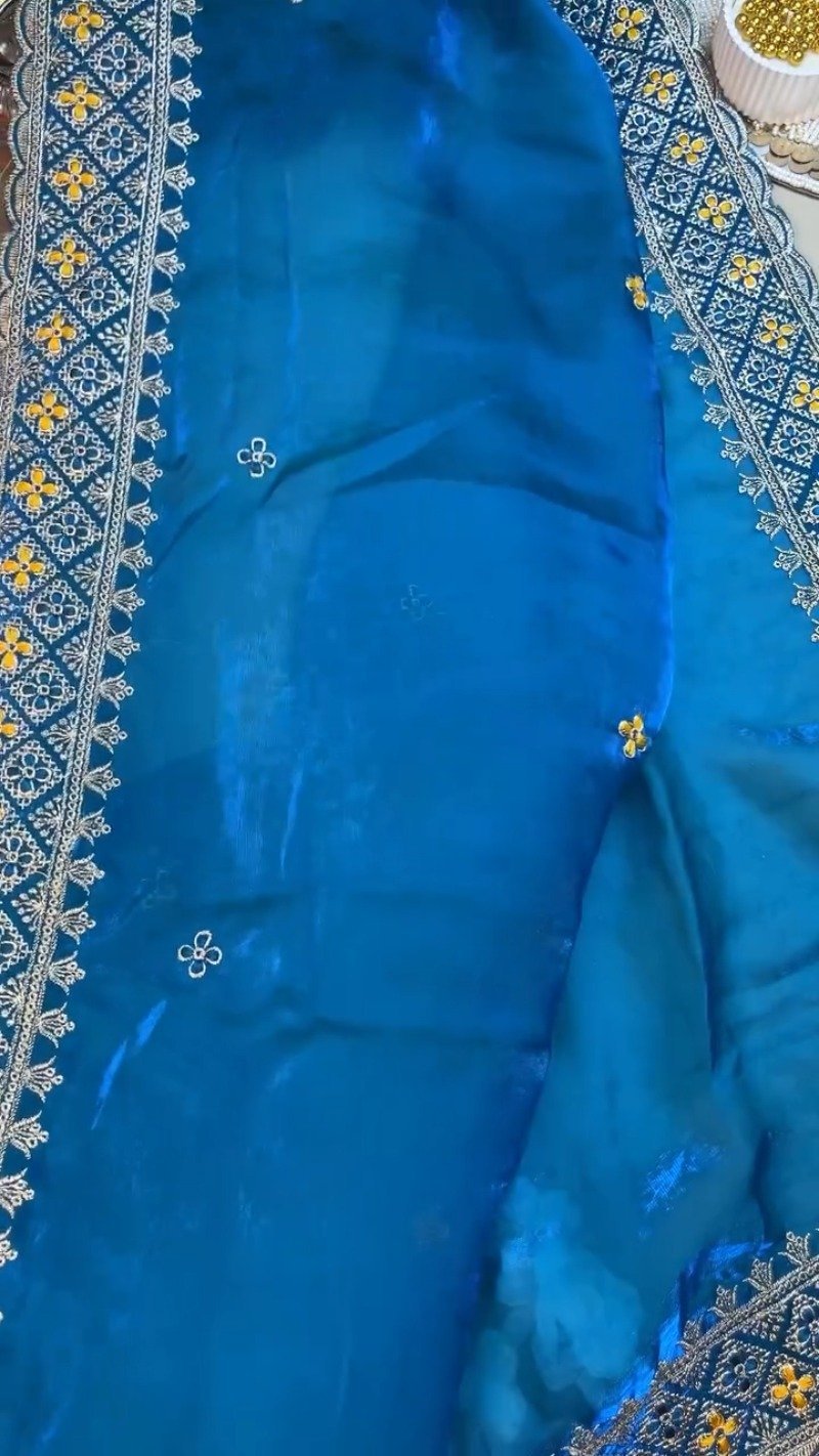 Royal Peacock Embroidered Silk Saree and Blouse Set – Available in Vibrant Yellow & Deep Blue - Image 3