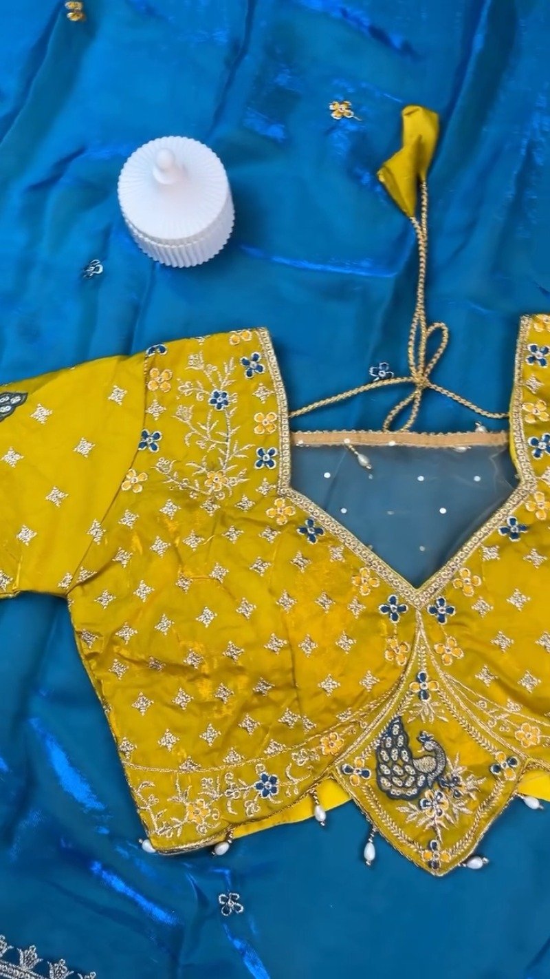 Royal Peacock Embroidered Silk Saree and Blouse Set – Available in Vibrant Yellow & Deep Blue - Image 4