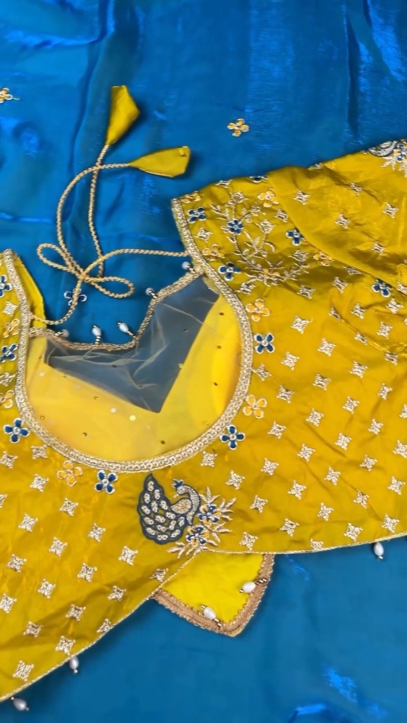 Royal Peacock Embroidered Silk Saree and Blouse Set – Available in Vibrant Yellow & Deep Blue - Image 5