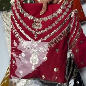Opulent Sequined Anarkali Set with Floral Resham Embroidery – Available in Crimson Red, Dusty Rose, & Pristine White