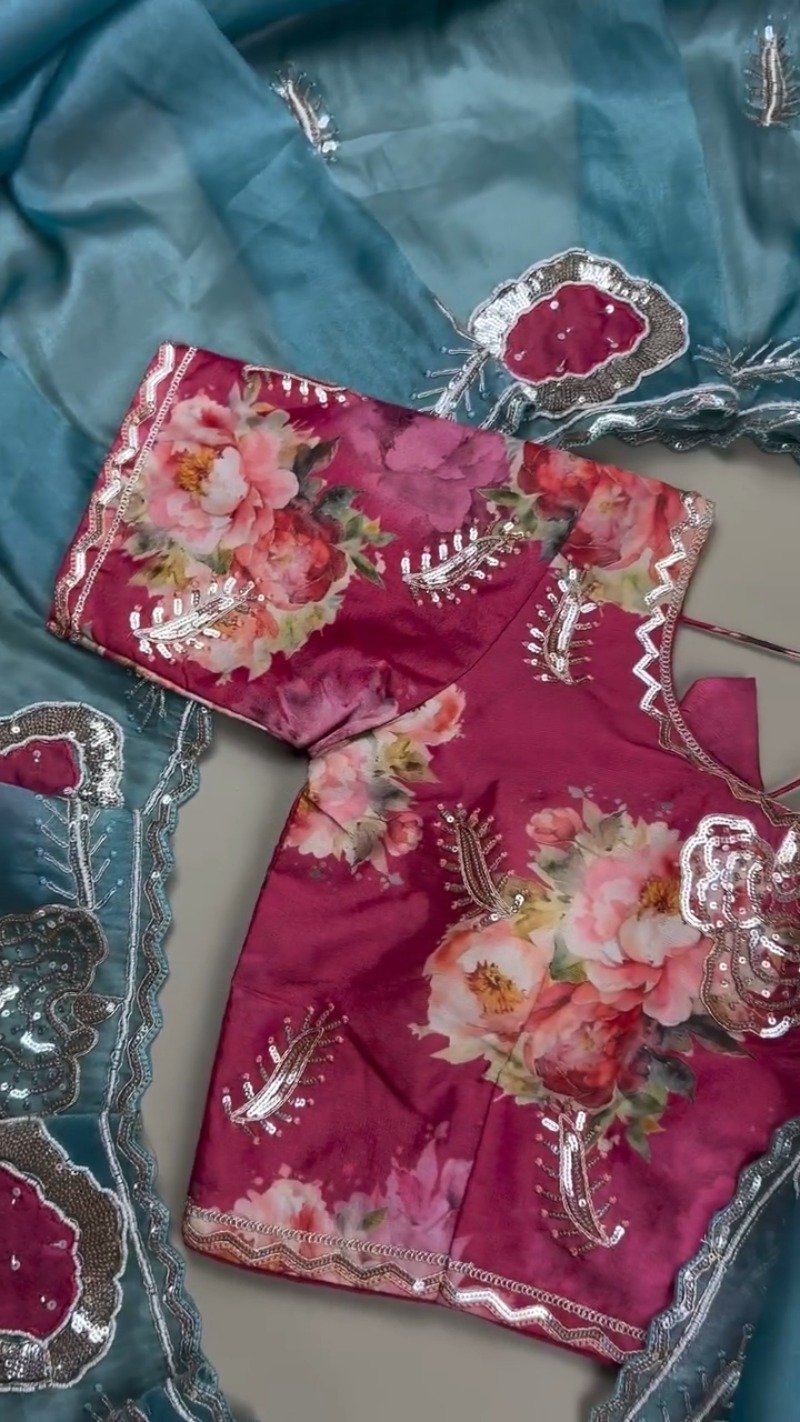 Blossom Bloom Sequin-Embellished Floral Saree Set – Available in Magenta & Teal