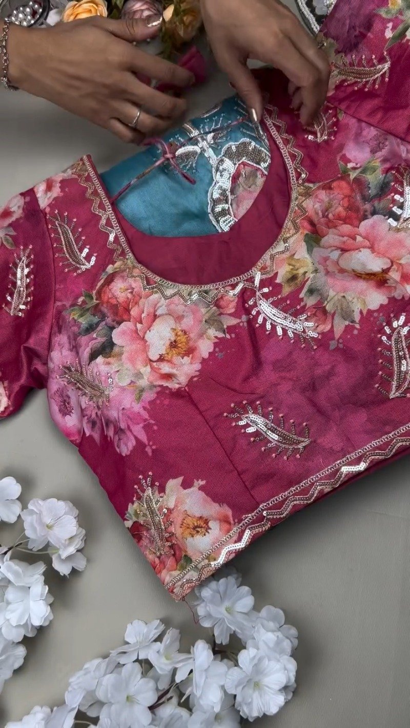 Blossom Bloom Sequin-Embellished Floral Saree Set – Available in Magenta & Teal - Image 2