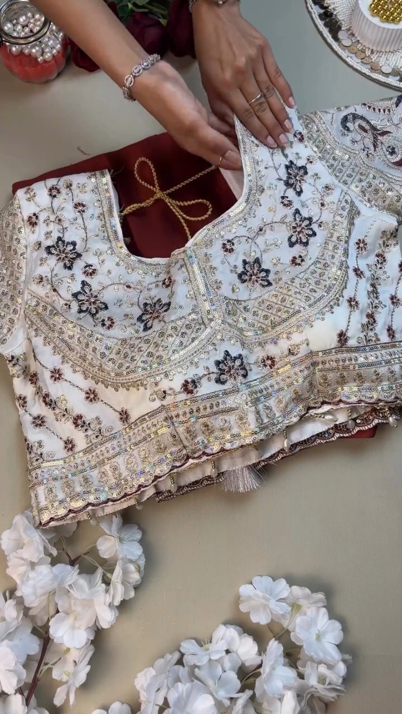 Opulent Ivory & Maroon Hand-Embroidered Sequin Saree Set – Available in Ivory & Deep Maroon - Image 2