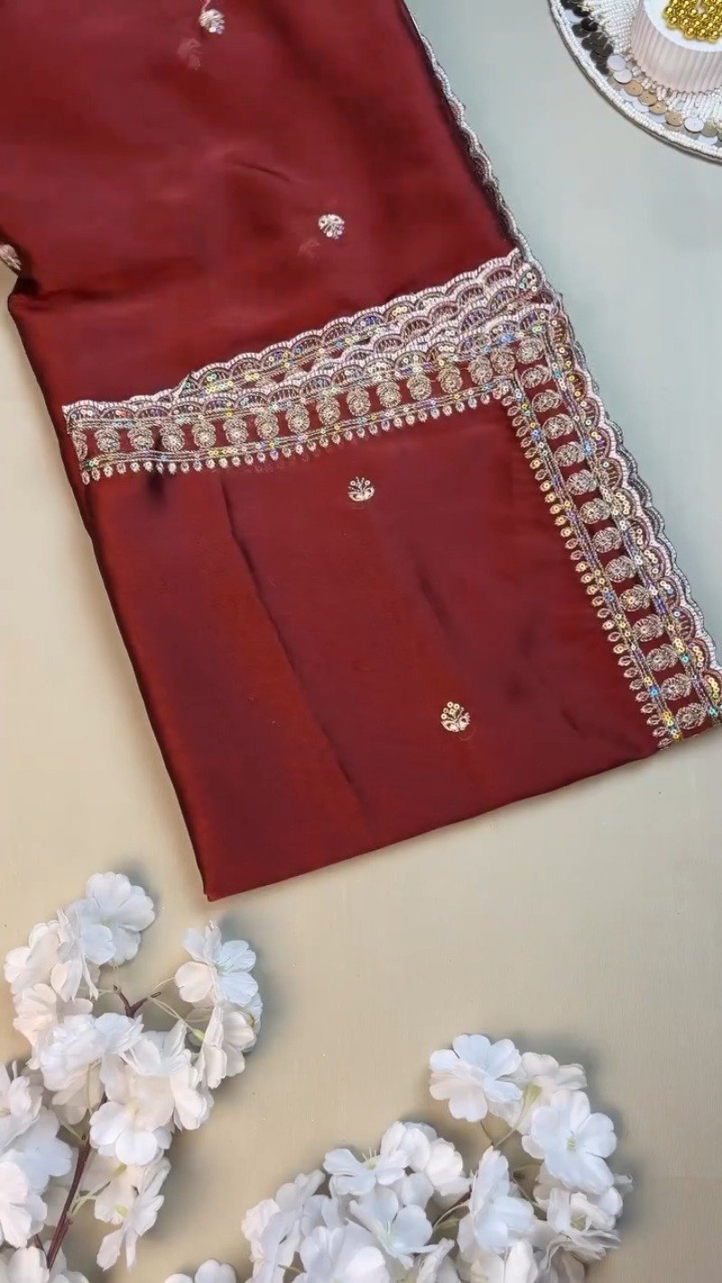 Opulent Ivory & Maroon Hand-Embroidered Sequin Saree Set – Available in Ivory & Deep Maroon - Image 4