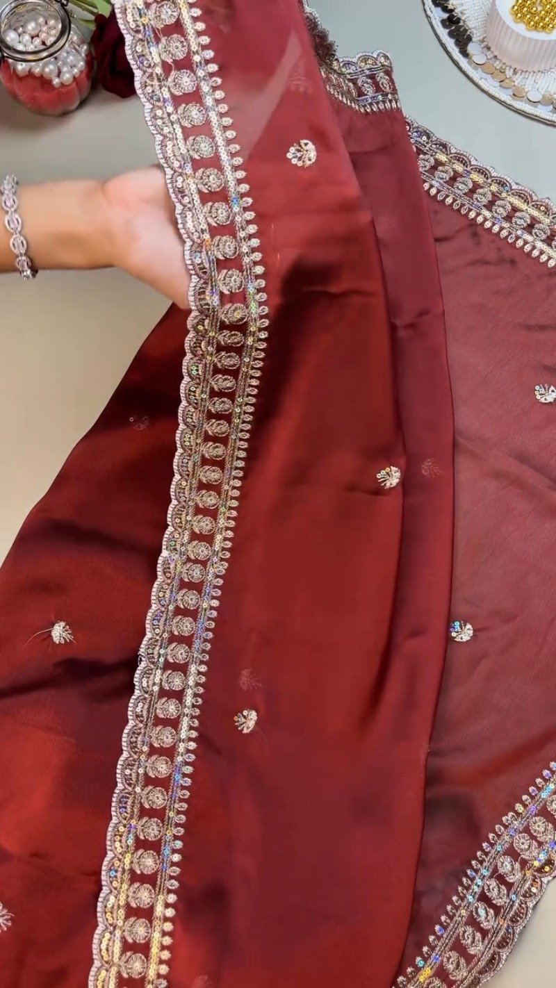 Opulent Ivory & Maroon Hand-Embroidered Sequin Saree Set – Available in Ivory & Deep Maroon - Image 5