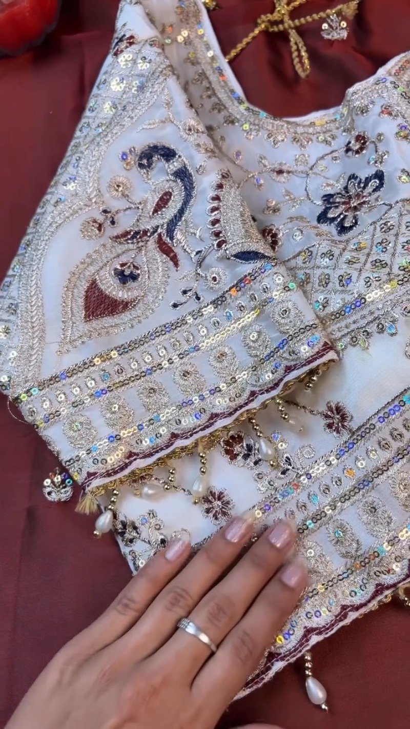 Opulent Ivory & Maroon Hand-Embroidered Sequin Saree Set – Available in Ivory & Deep Maroon - Image 7
