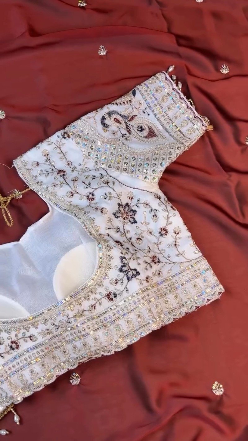 Opulent Ivory & Maroon Hand-Embroidered Sequin Saree Set – Available in Ivory & Deep Maroon - Image 8