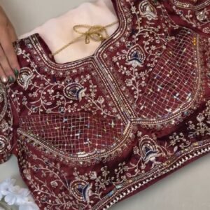 Regal Maroon Sequin-Embroidered Velvet Blouse and Saree Set – Available in Maroon & White