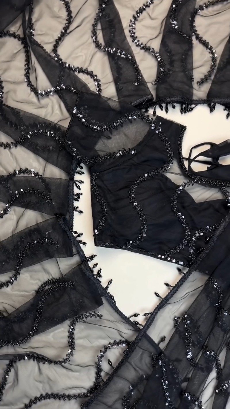 Midnight Noir Sequin-Embellished Sheer Saree with Matching Blouse