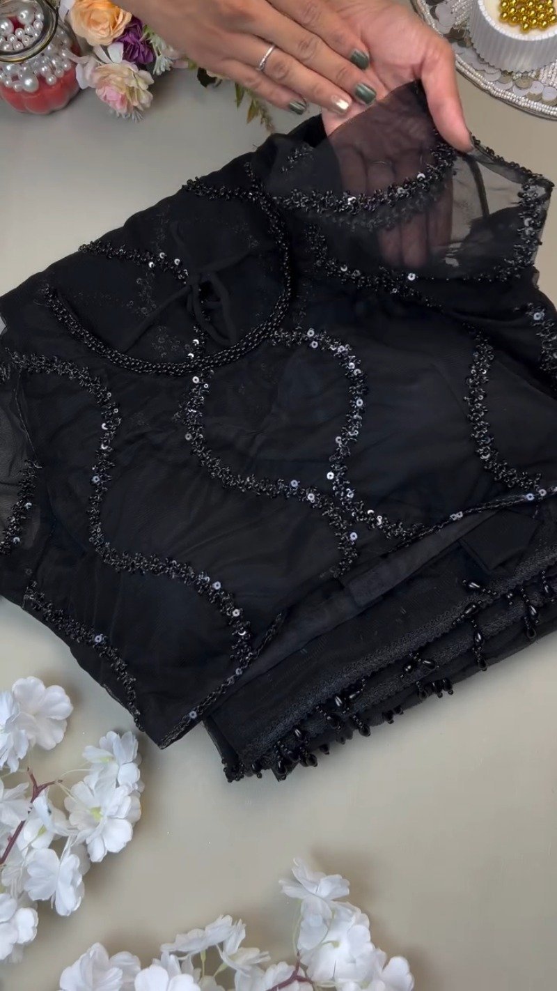 Midnight Noir Sequin-Embellished Sheer Saree with Matching Blouse - Image 2