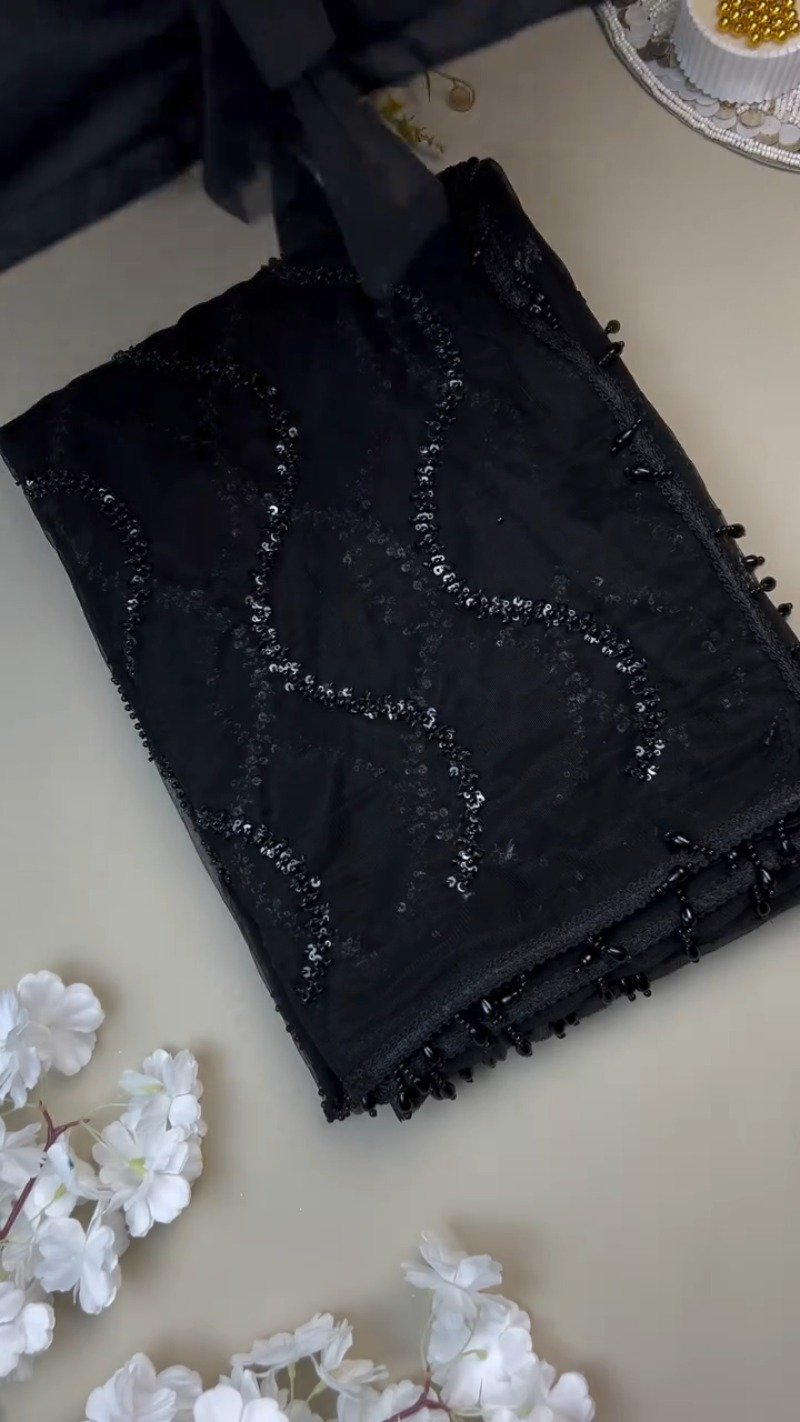 Midnight Noir Sequin-Embellished Sheer Saree with Matching Blouse - Image 3