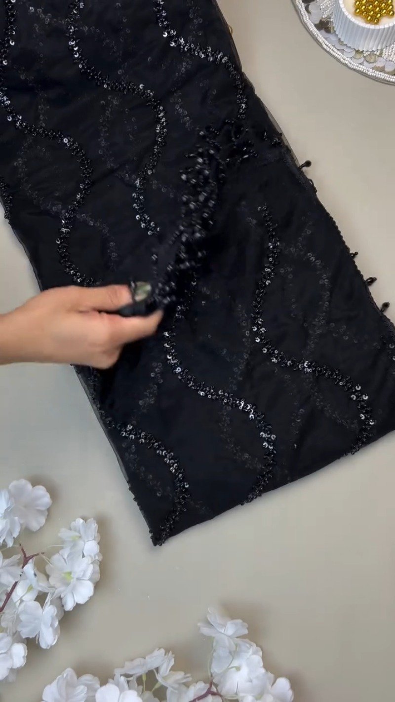 Midnight Noir Sequin-Embellished Sheer Saree with Matching Blouse - Image 4