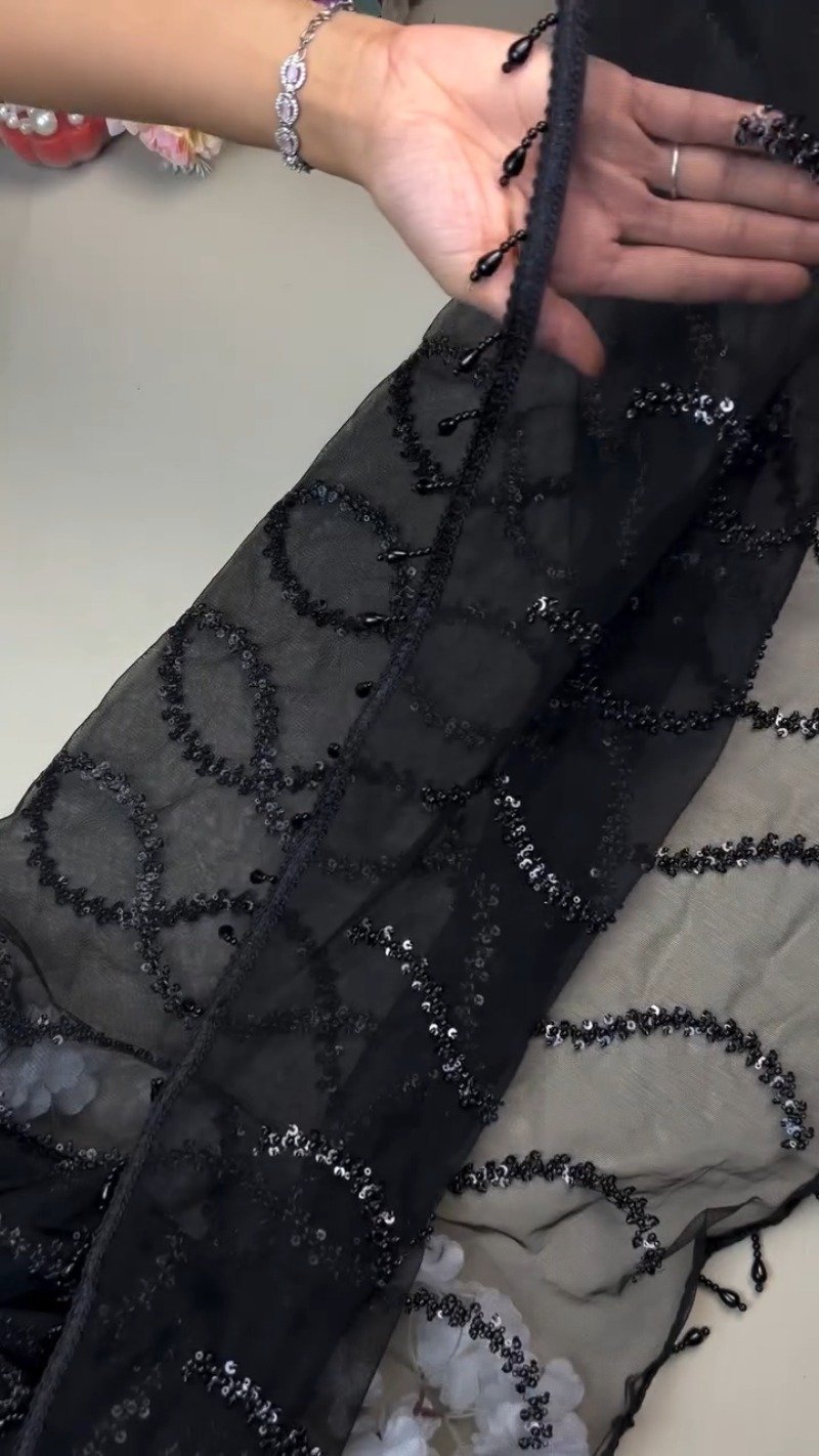 Midnight Noir Sequin-Embellished Sheer Saree with Matching Blouse - Image 5