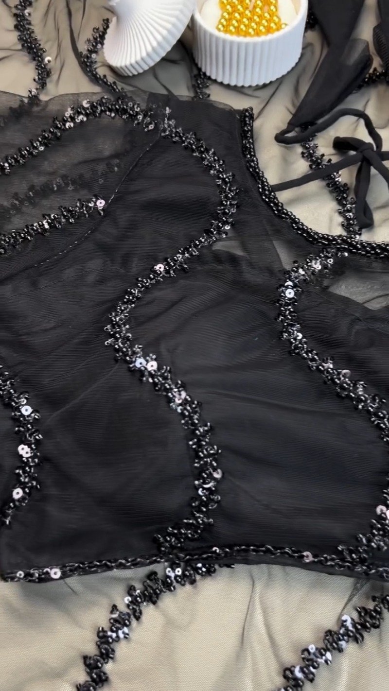 Midnight Noir Sequin-Embellished Sheer Saree with Matching Blouse - Image 7