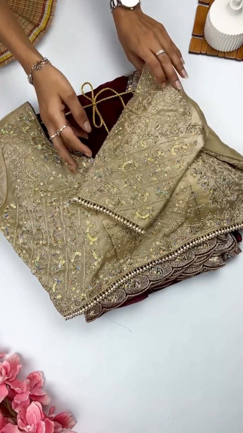 Opulent Wine & Gold Embroidered Saree Set – Available in Wine & Deep Maroon