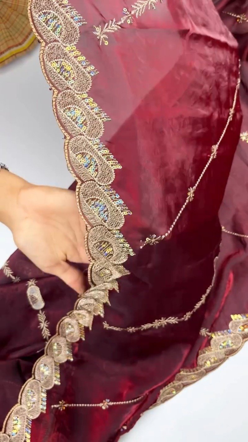 Opulent Wine & Gold Embroidered Saree Set – Available in Wine & Deep Maroon - Image 4