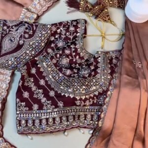 Midnight Maroon Heavily Embellished Silk Blouse & Saree Set