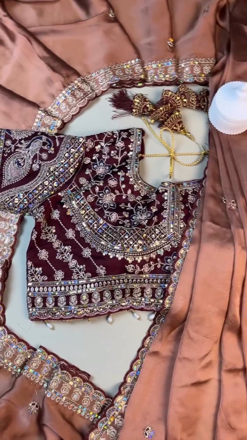 Midnight Maroon Heavily Embellished Silk Blouse & Saree Set