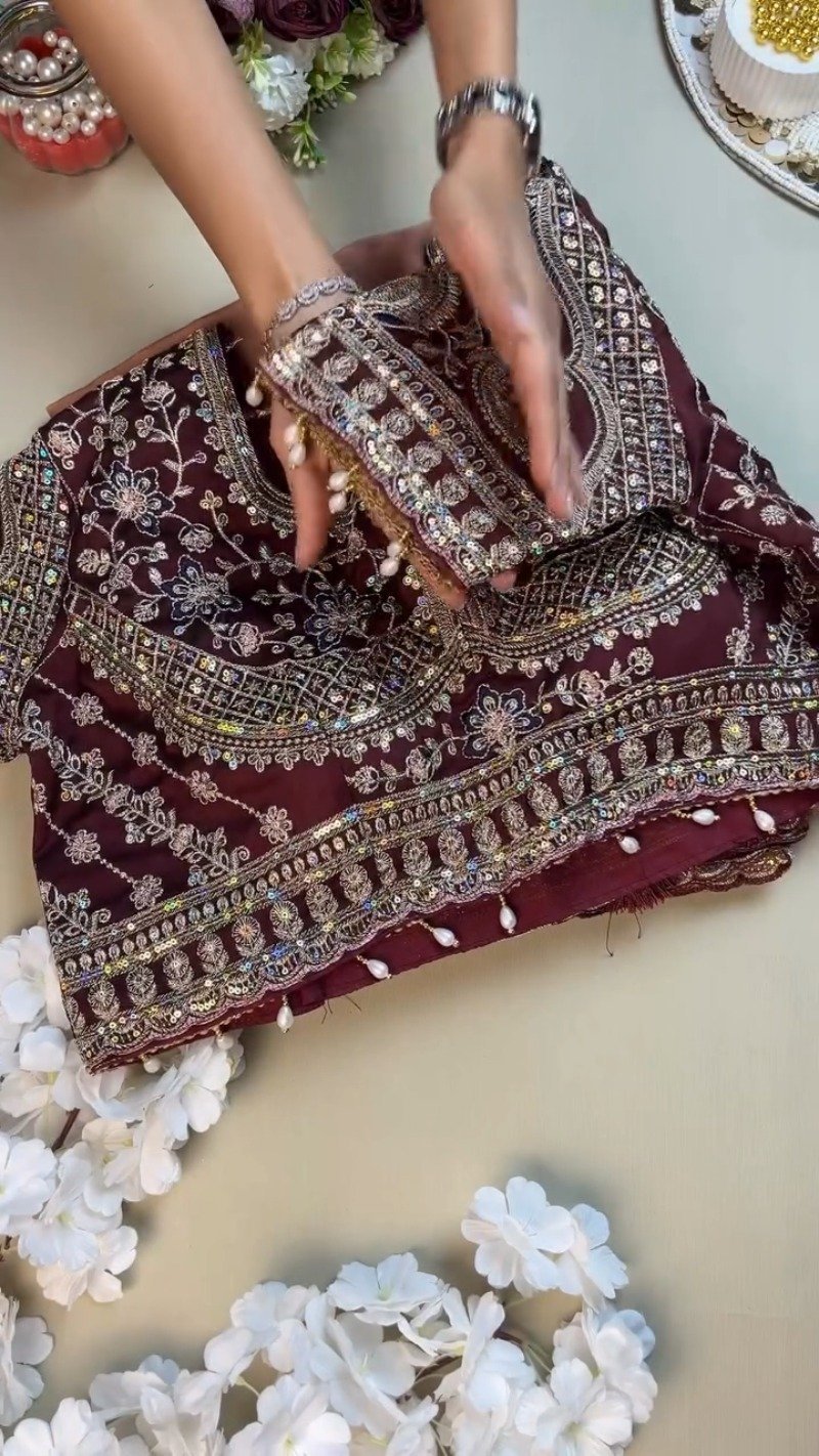 Midnight Maroon Heavily Embellished Silk Blouse & Saree Set - Image 2