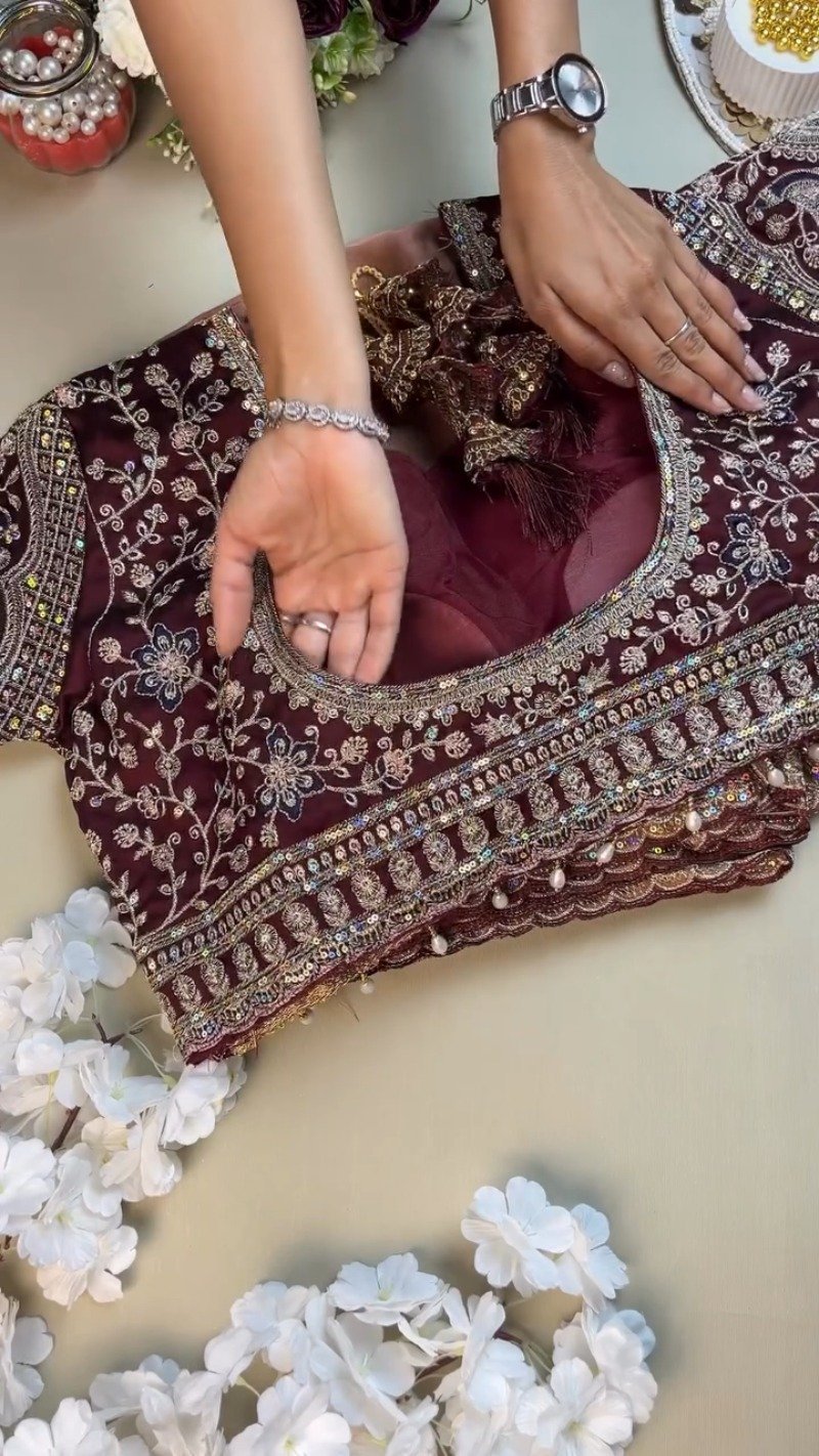 Midnight Maroon Heavily Embellished Silk Blouse & Saree Set - Image 3